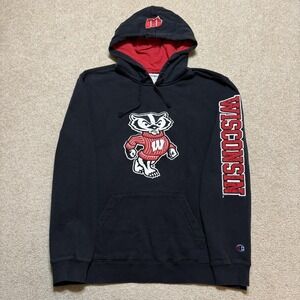 Vtg Wisconsin Badgers Hoodie Sweatshirt Mens XL Black NCAA Bucky Champion 00s